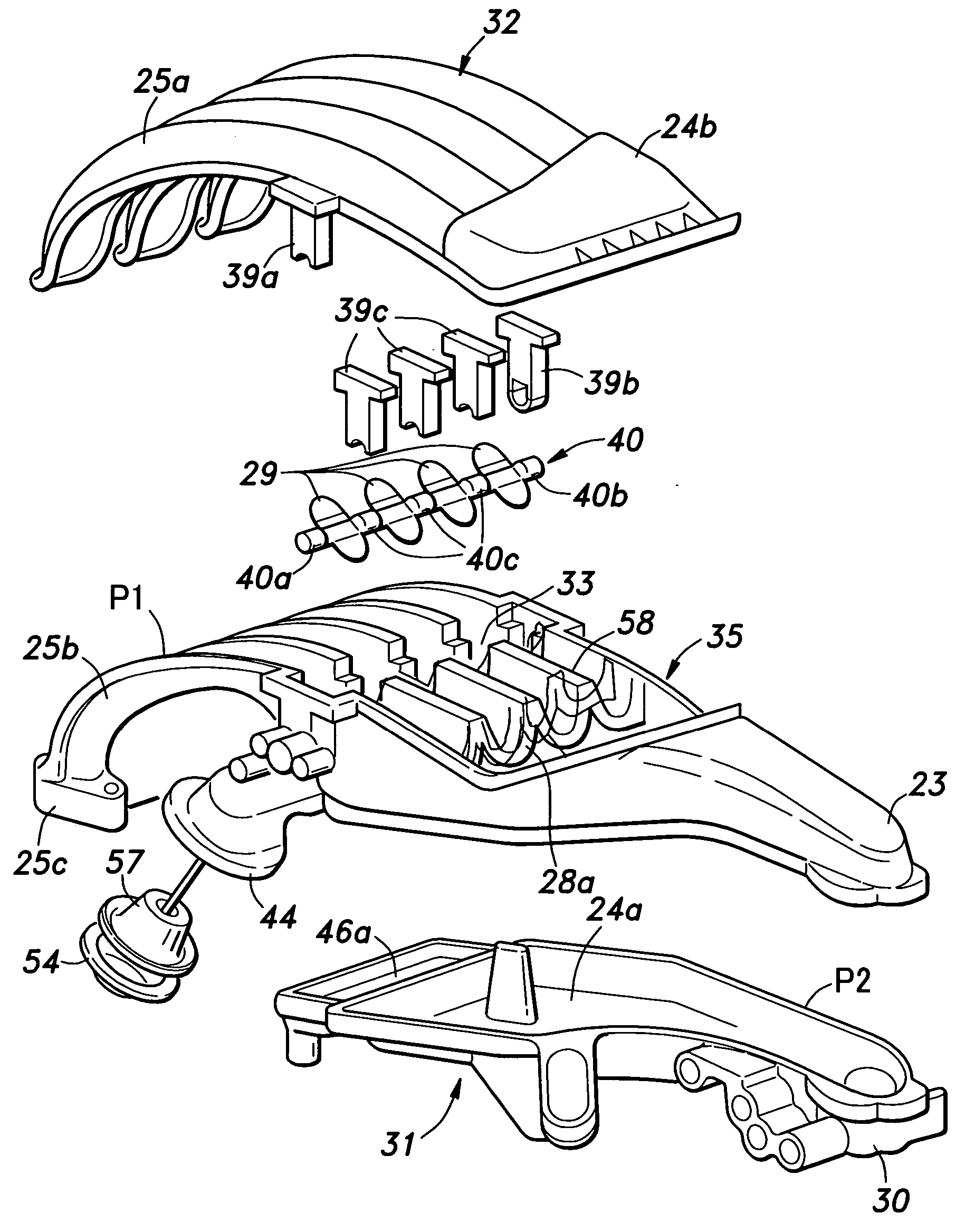 Dual port intake device for an internal combustion engine formed by injection molding