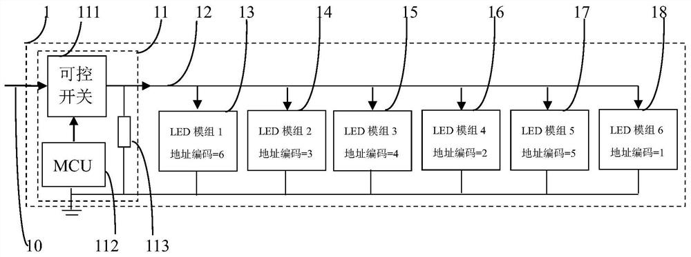 Colored lamp device triggered by power line edge signal and provided with broadcast address signal