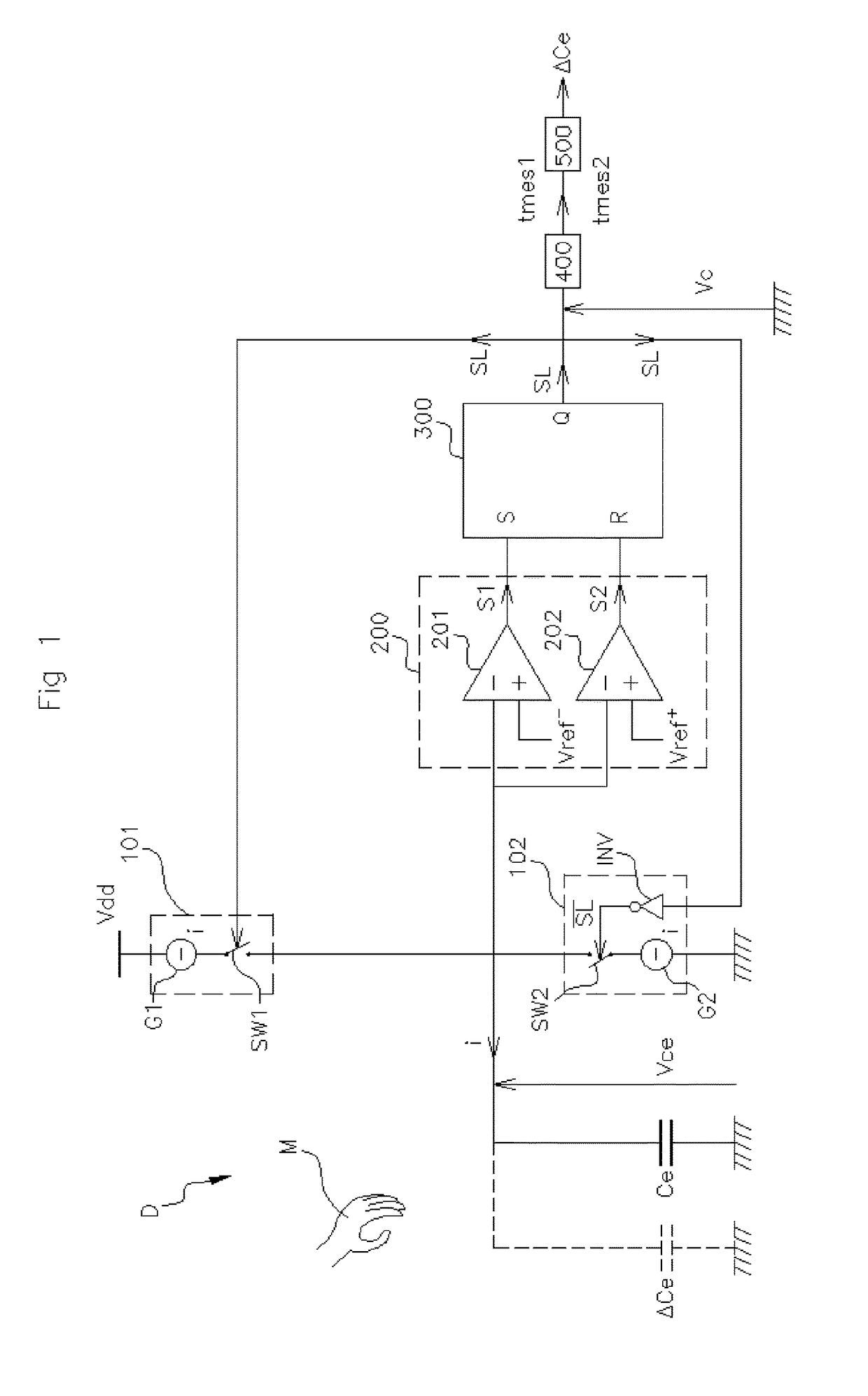 Device for measuring the variation of a capacitance and associated measuring method