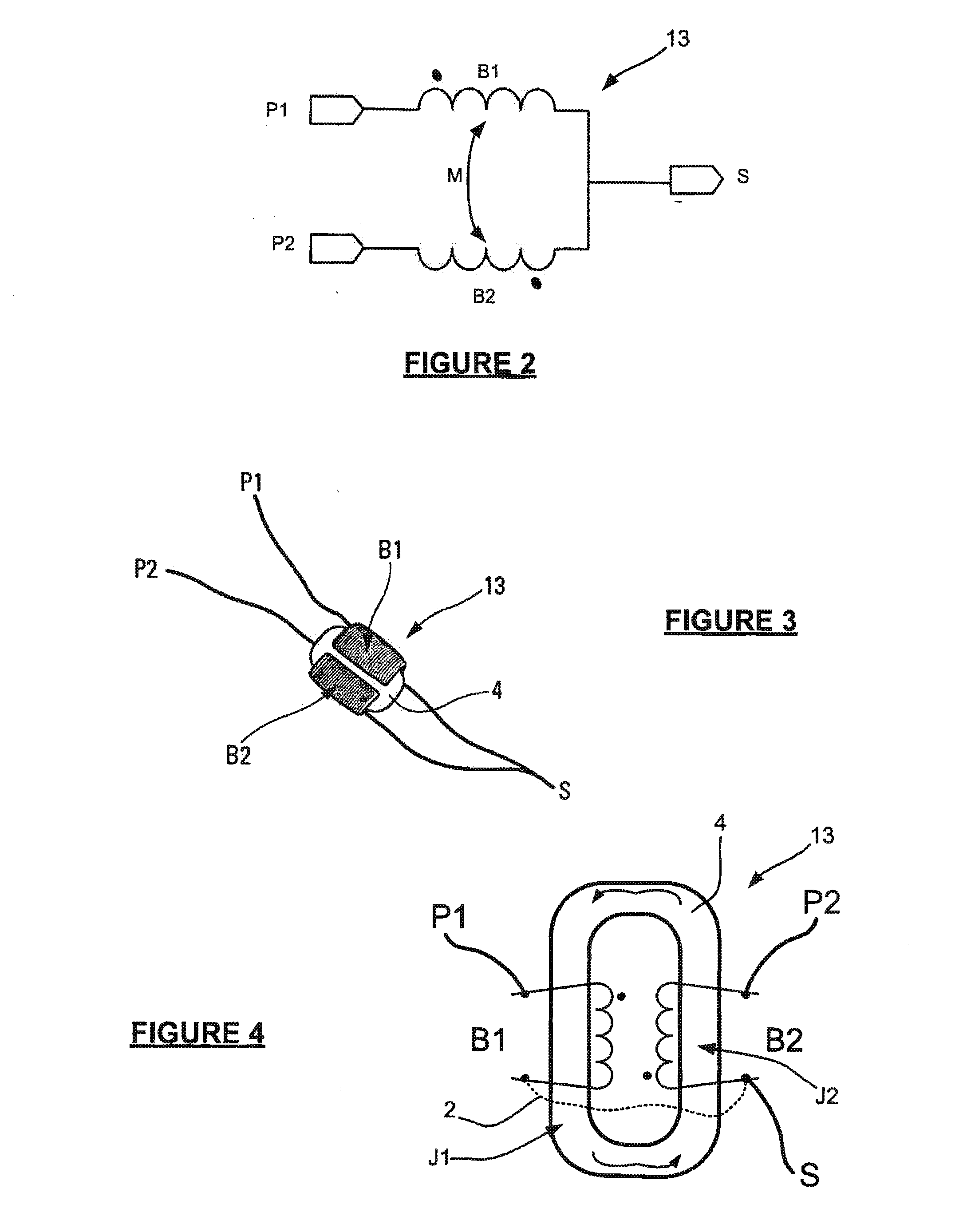 Coiled power device comprising a winding of a first coiling and a winding of a second coiling which cover the same portion of a magnetic core member