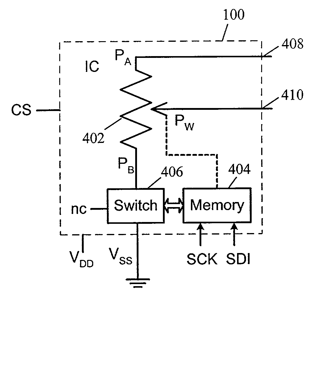 Apparatus and method for a two terminal implementation of rheostat and potentiometer modes in an integrated circuit