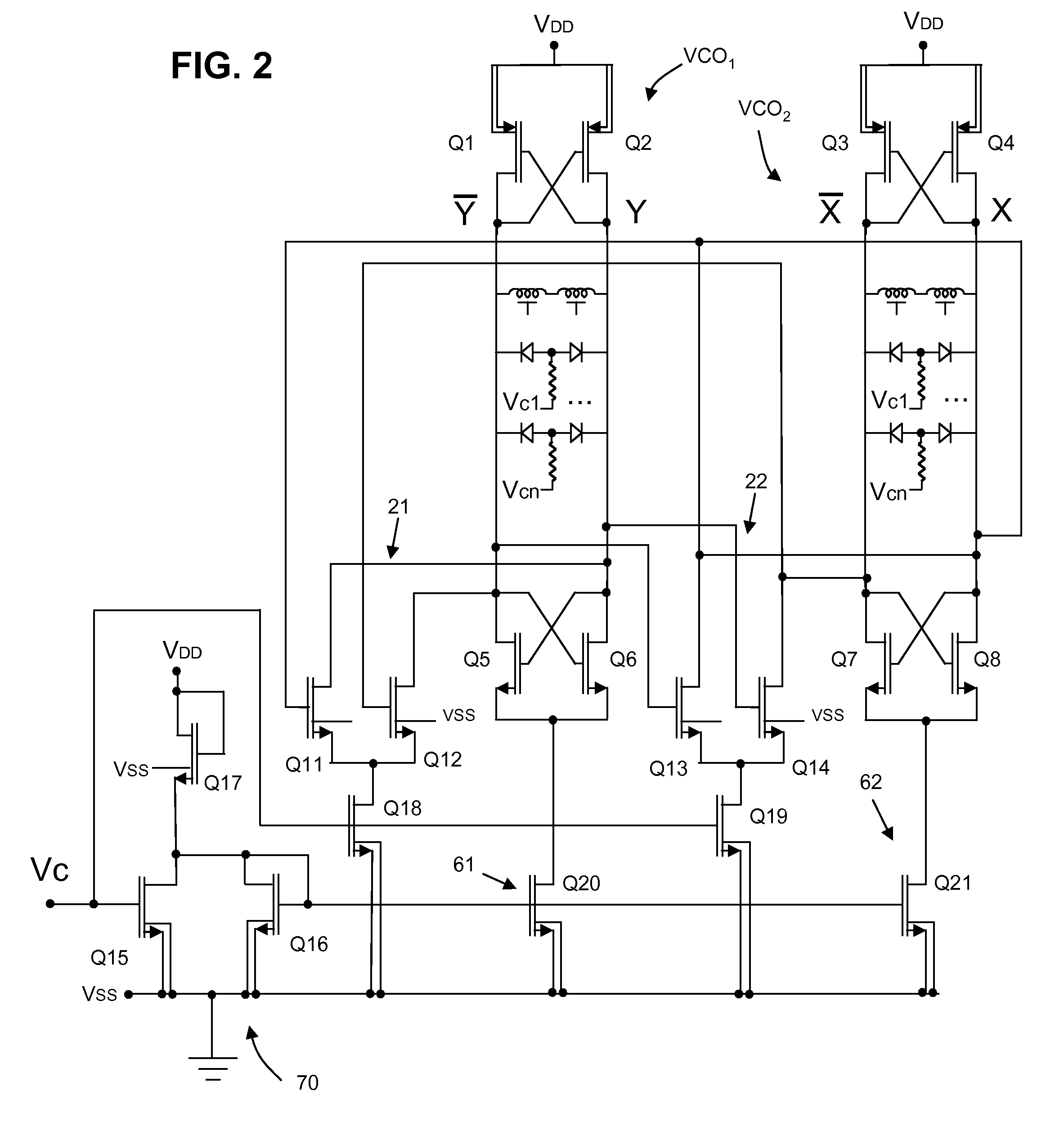 Quadrature LC voltage controlled oscillator with opposed bias and coupling control stages