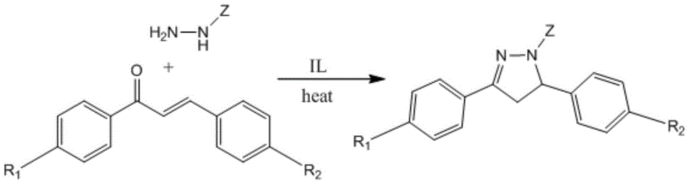 Environment-friendly method for catalytic synthesis of 1,3,5-triple substituent-2-pyrazoline derivative through ionic liquid