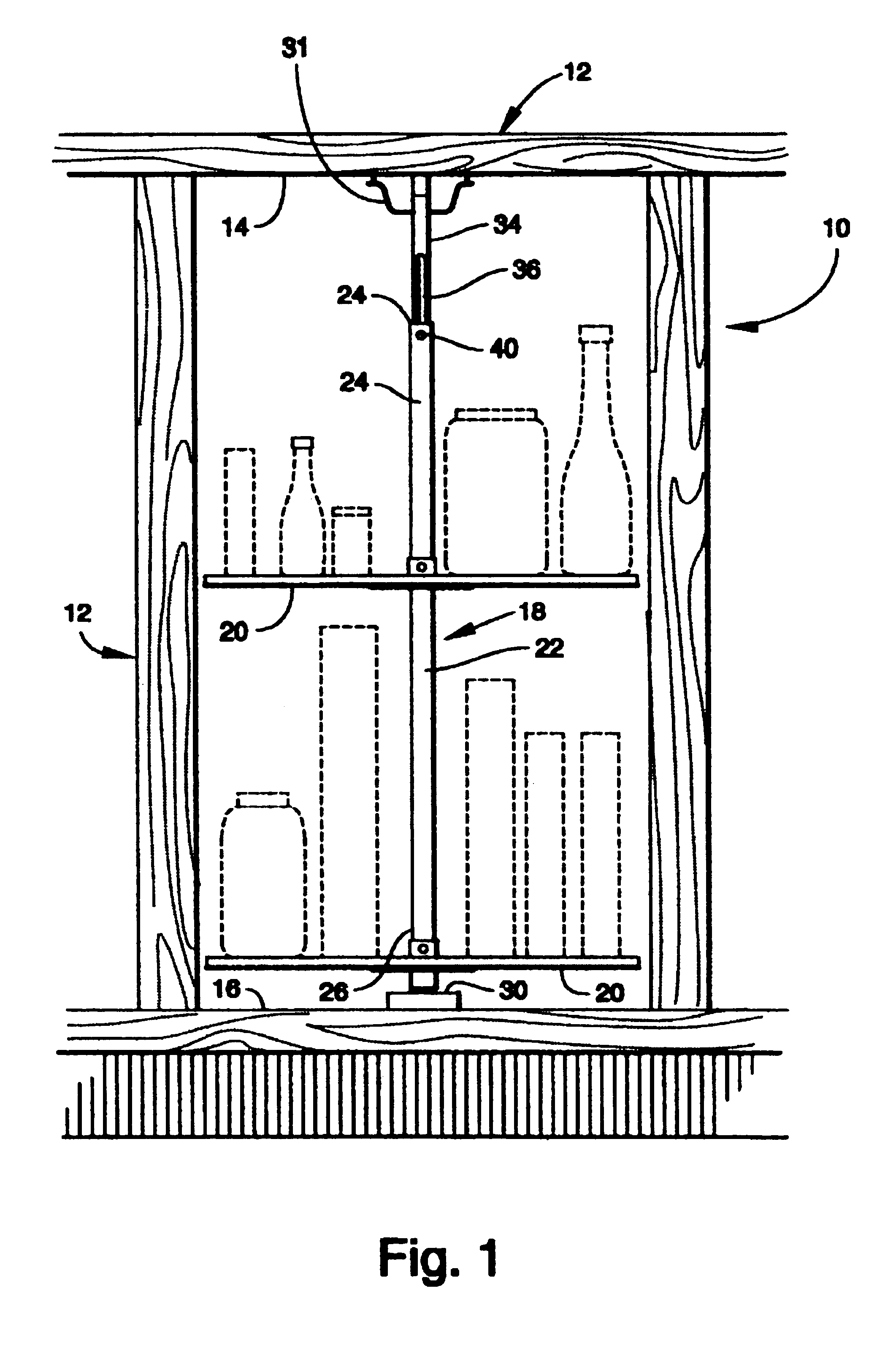 Rotary shelf assembly mechanism having a post height adjustment device and a novel shelf construction and self retaining element for securing the shelves to the post
