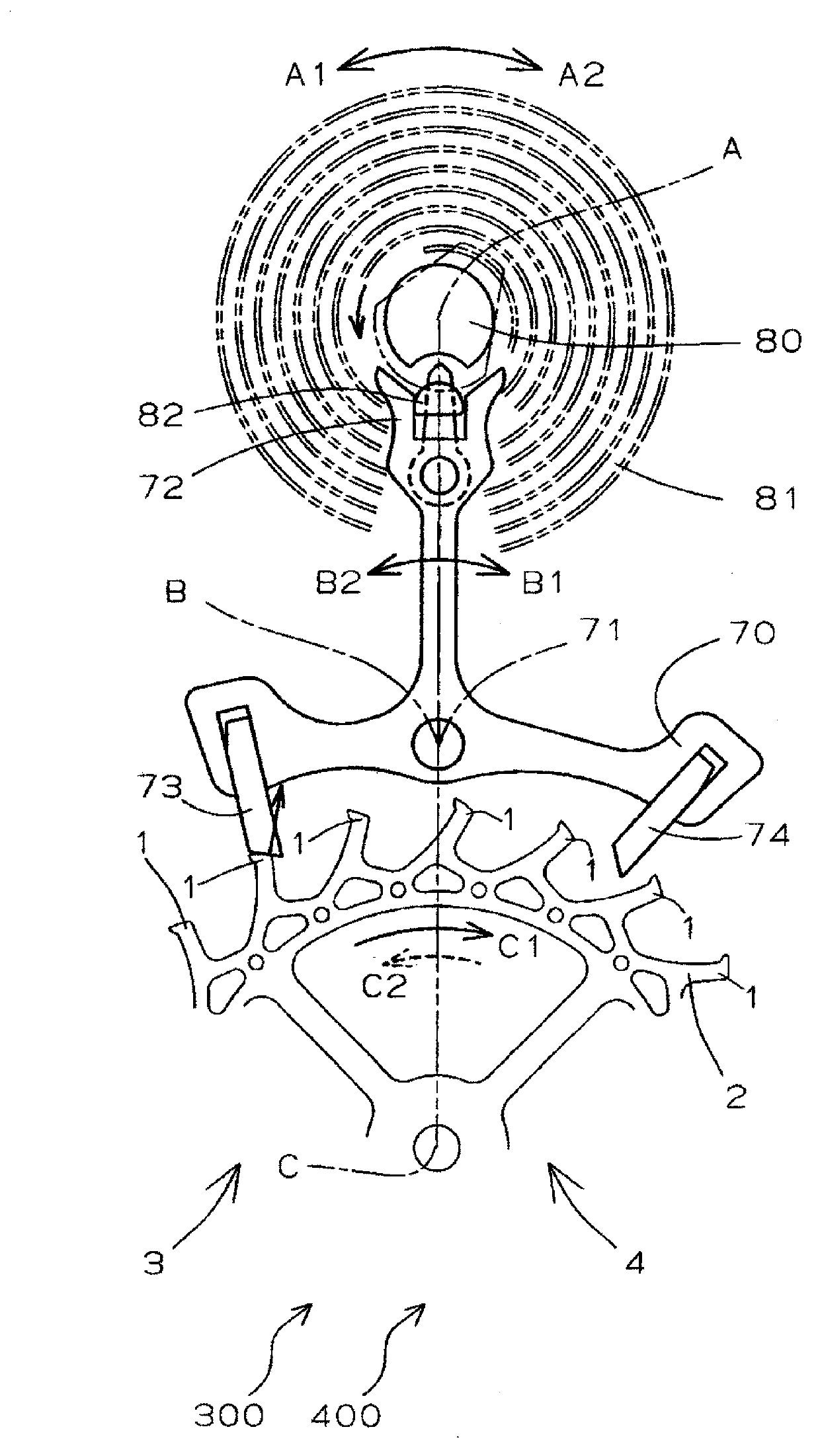 Escapement gear, escapement wheel employing the escapement gear, anchor-shaped escapement, movement, mechanical timepiece and method of torque transmission