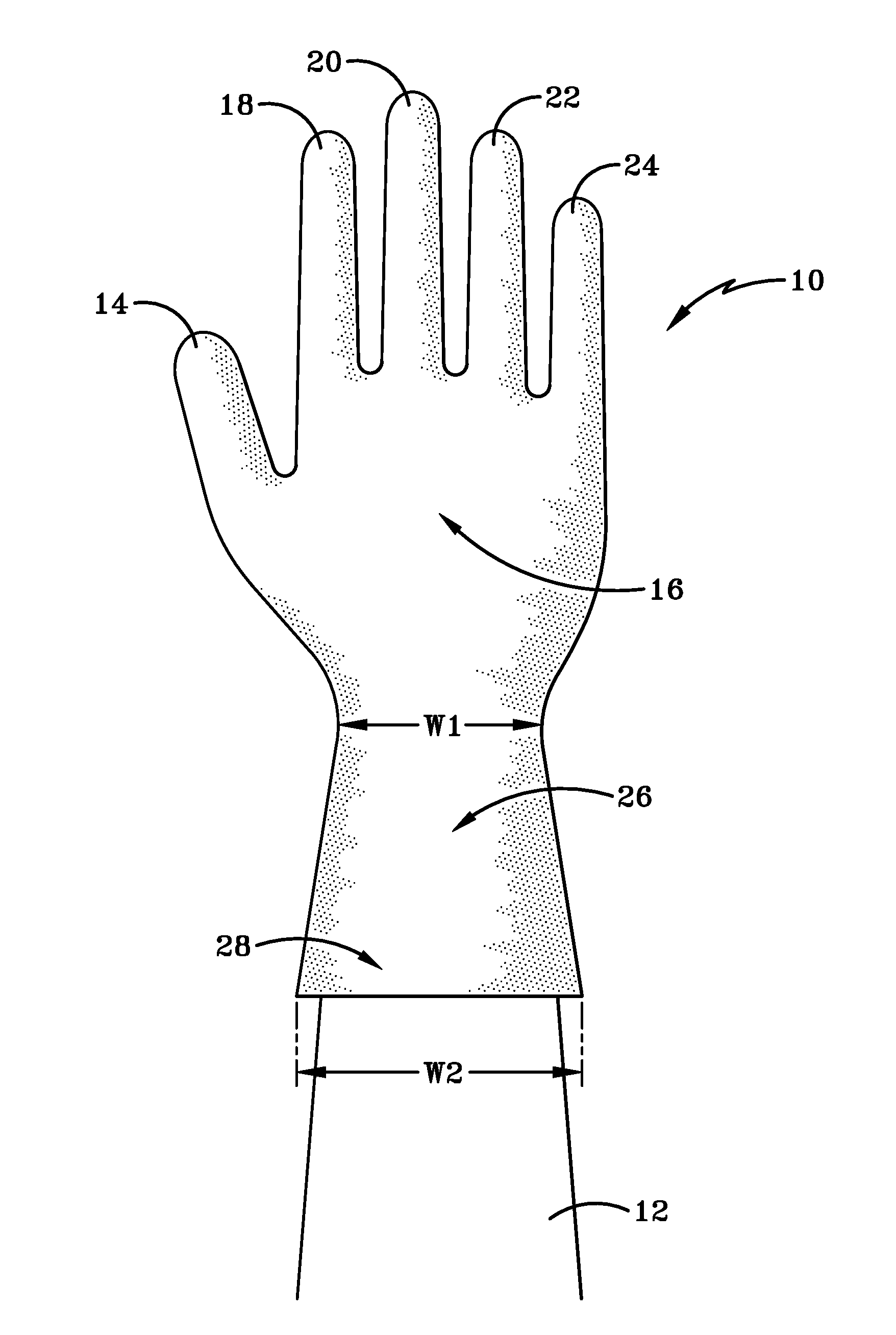 Glove having a widened cuff and with finger regions that include a flexible hinge region
