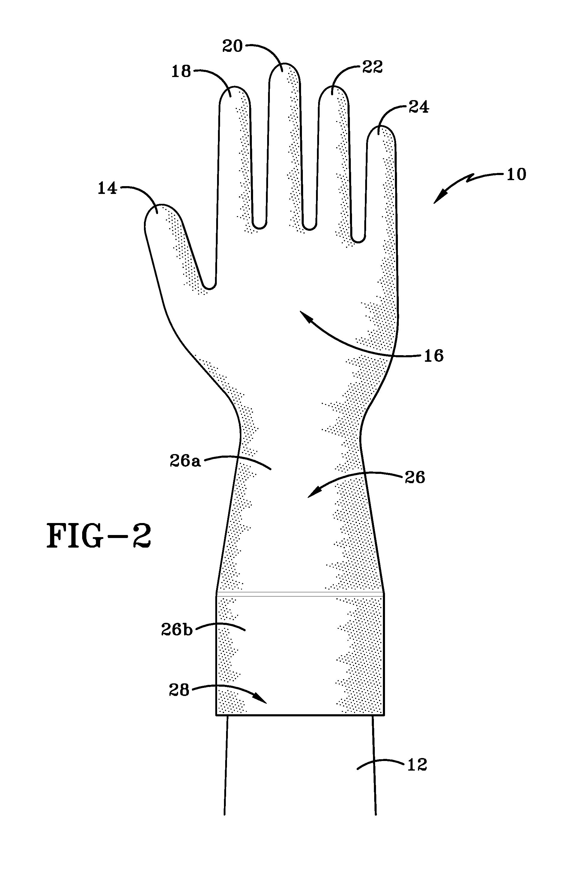 Glove having a widened cuff and with finger regions that include a flexible hinge region