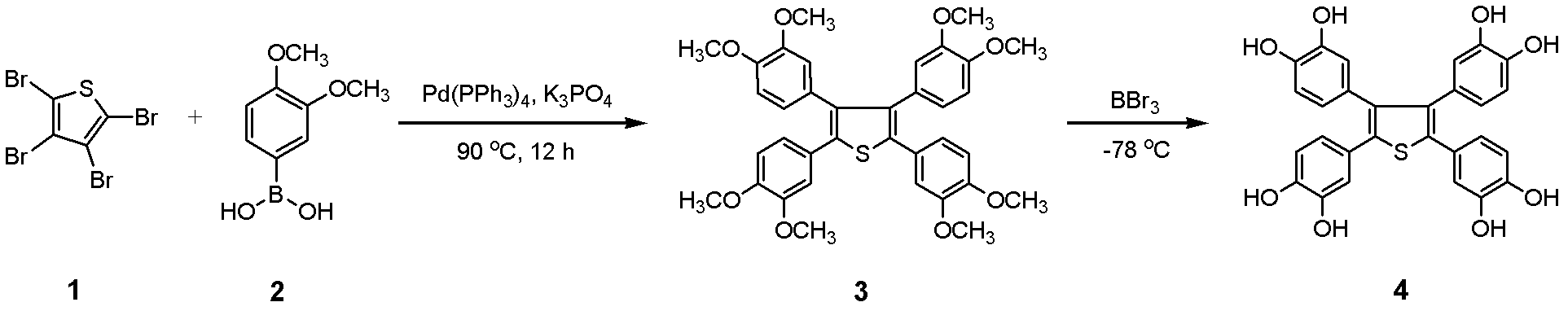 2,3,4,5,-tetra(3',4'-dihydroxyl phenyl)thiophene and application thereof as MALDI (matrix assisted laser desorption ionization) matrix in analyzing small molecules