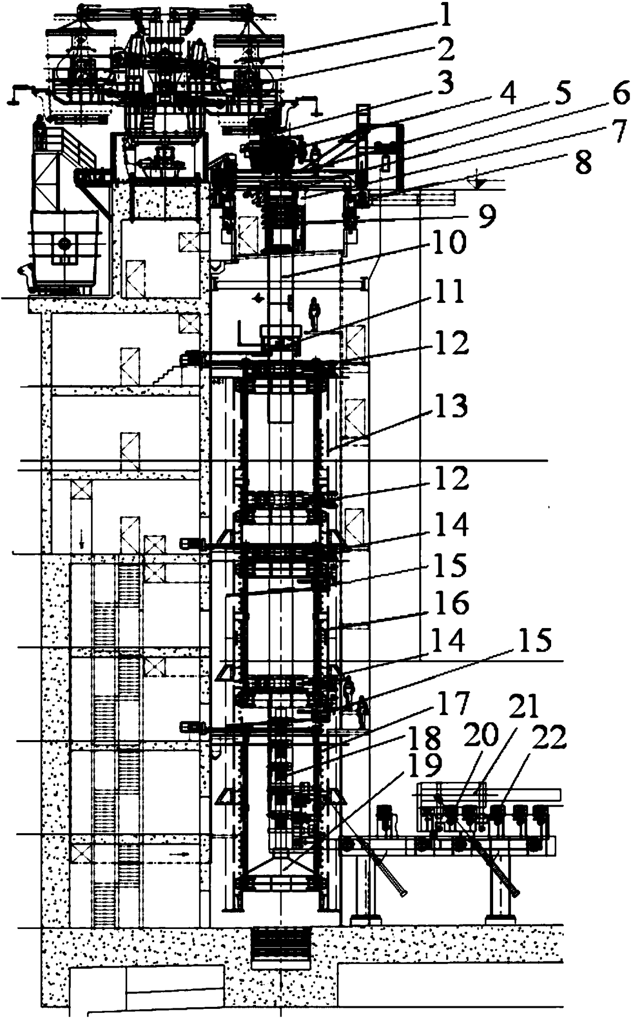 Vertical continuous casting production device and method for round billets of extra large specification