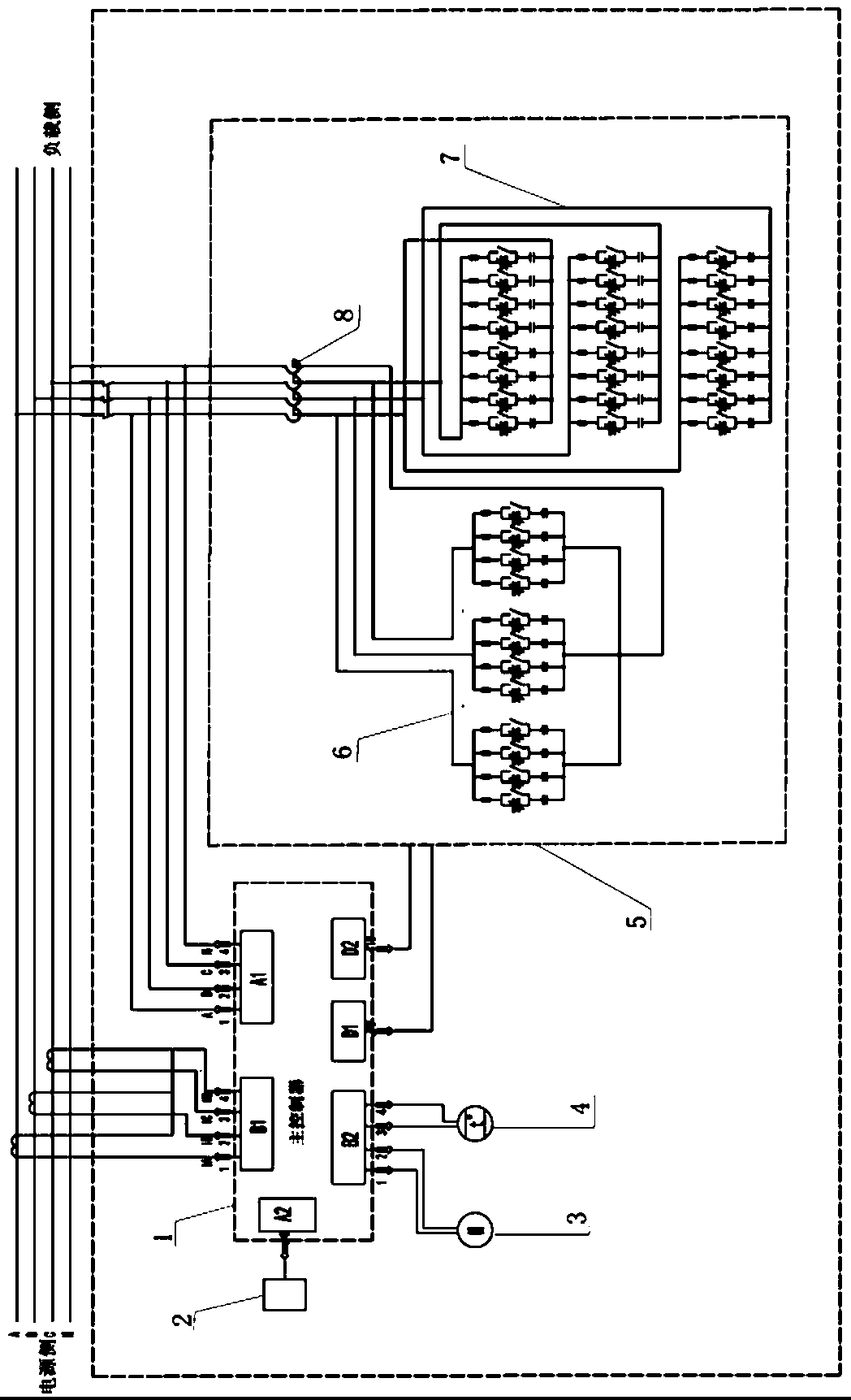 Device and method for three-phase unbalance and reactive power treatment of phase-to-phase capacitance