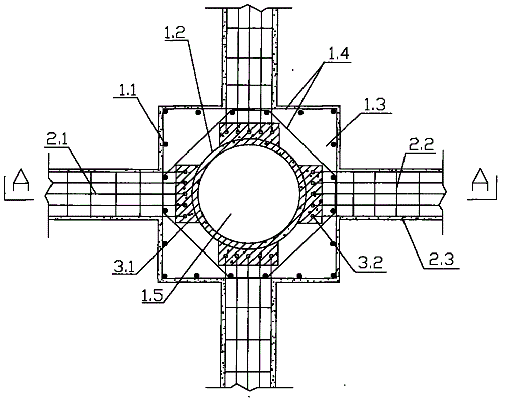 Design and construction for connection node between steel tube-reinforced concrete composite column and reinforced concrete beam