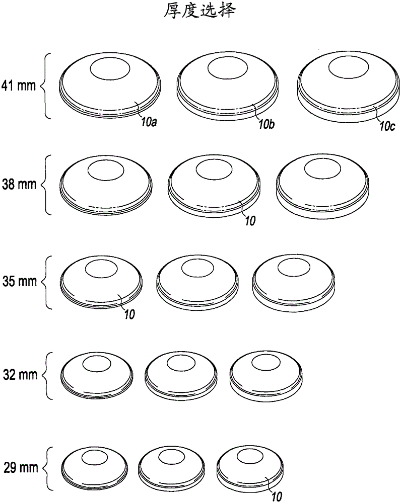 Knee Prosthesis with Identical Patellar Elements of Different Thickness and Top Surface Diameter