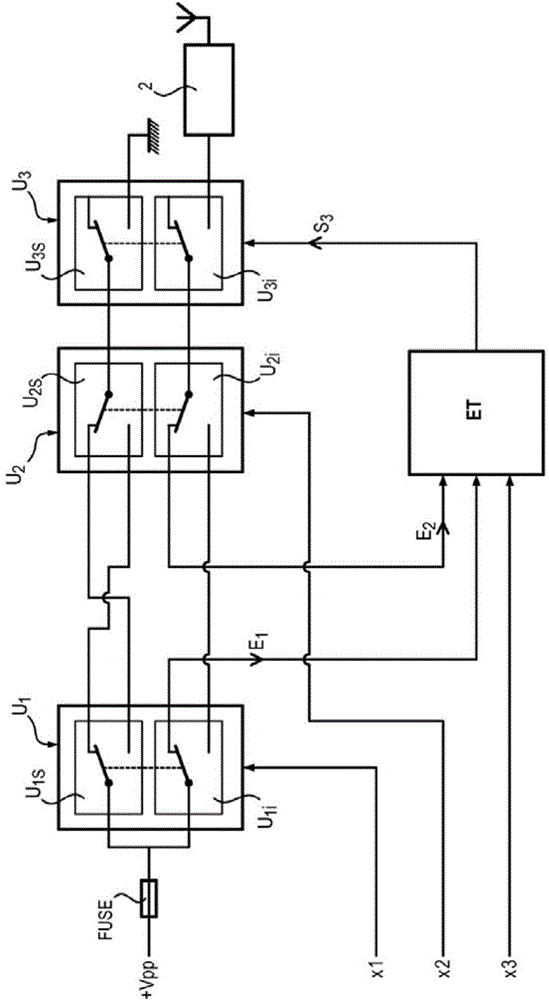 Electrical circuit for cutting off an electrical supply with relay and fuses