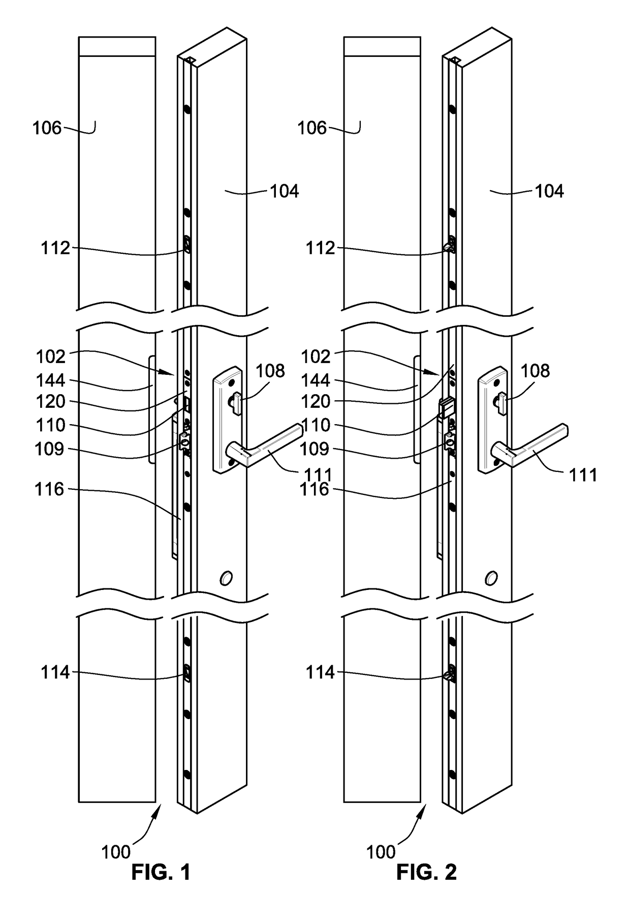 Multi-point lock with single actuation and mishandling device and self-aligning engagement