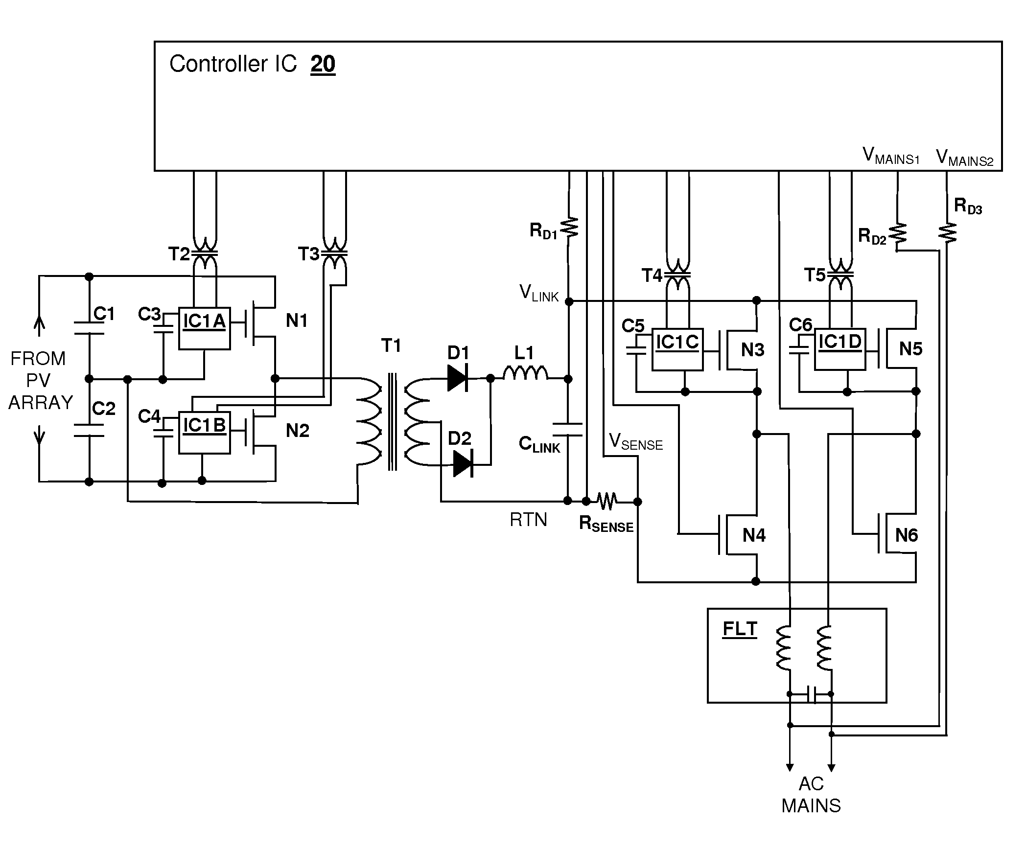 Cascaded switching power converter for coupling a photovoltaic energy source to power mains