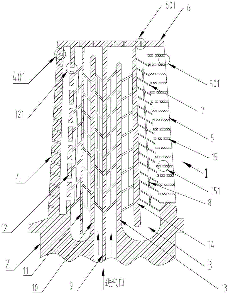 Gas turbine blade with longitudinal crossed rib cooling structure