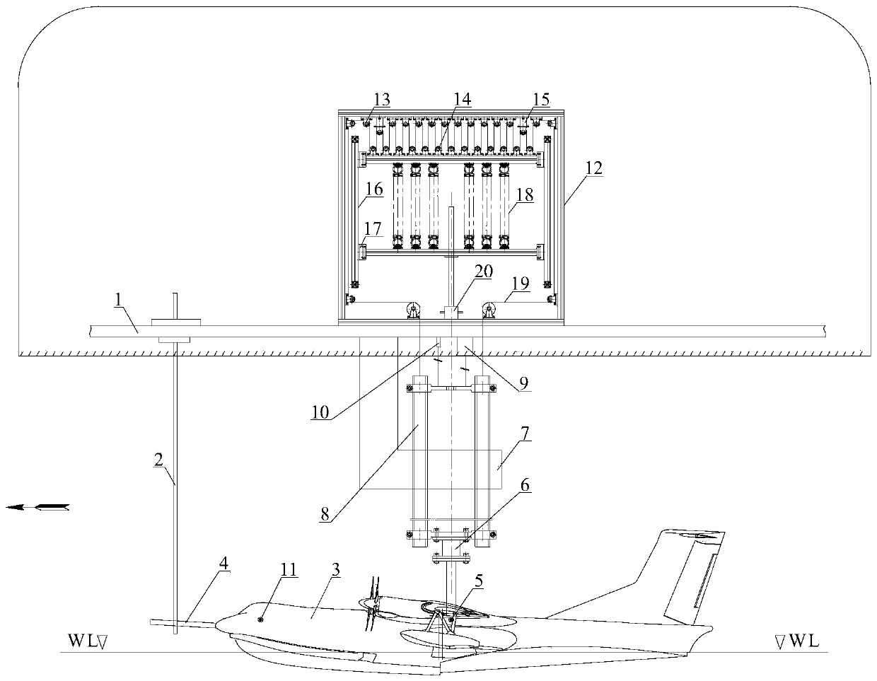 Water surface aircraft seakeeping test constant force unloading device and method