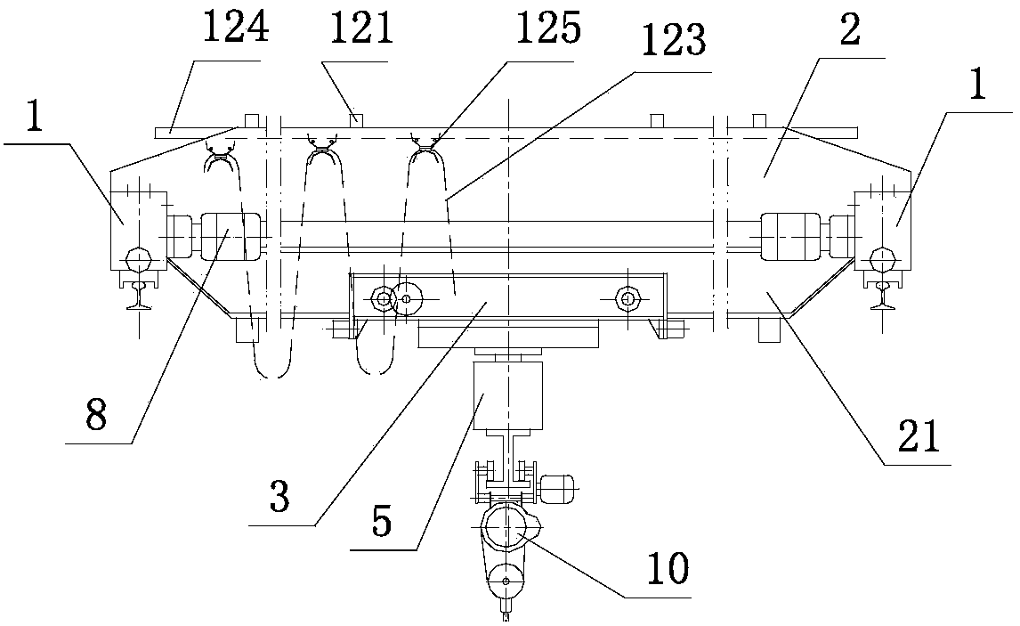 Cantilever crane with hung end beam trolley and capable of rotating at any angle
