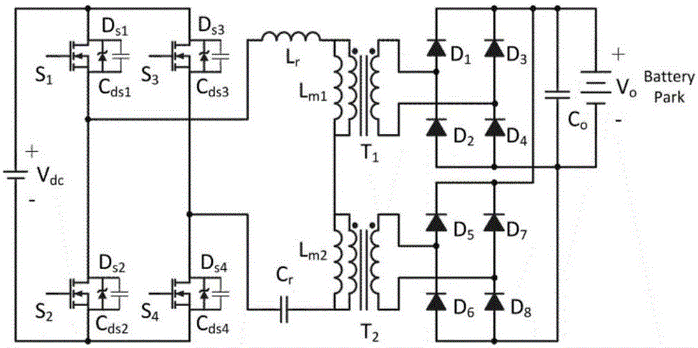 Double-transformer serial and parallel structure full-bridge LLC (logical link control) resonant converter