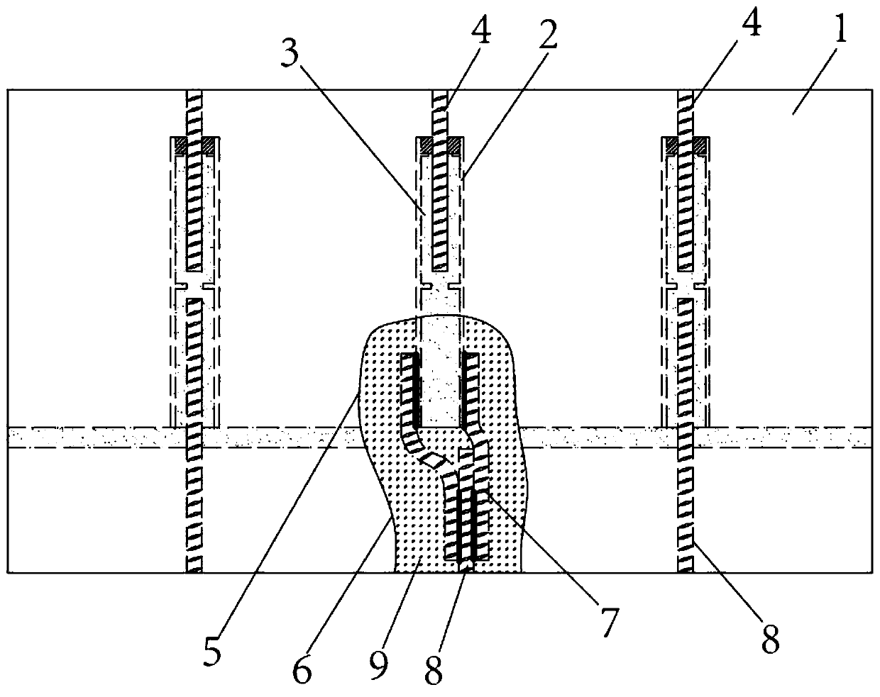 Reinforcing structure for truncation of connecting reinforcing steel bars in sleeves and construction method thereof