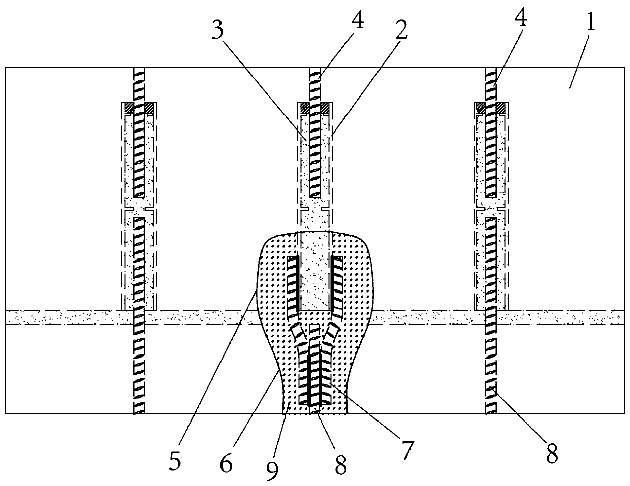 Reinforcing structure for truncation of connecting reinforcing steel bars in sleeves and construction method thereof