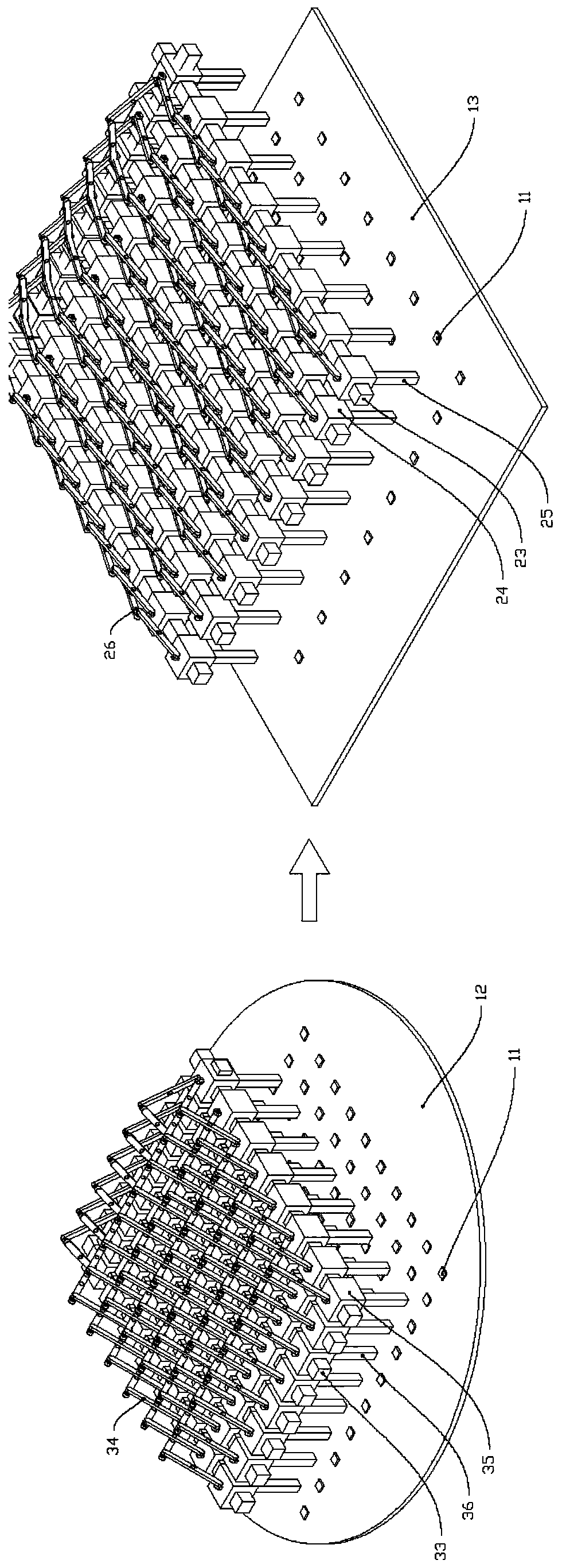 A variable pitch electronic component mass transfer device and method