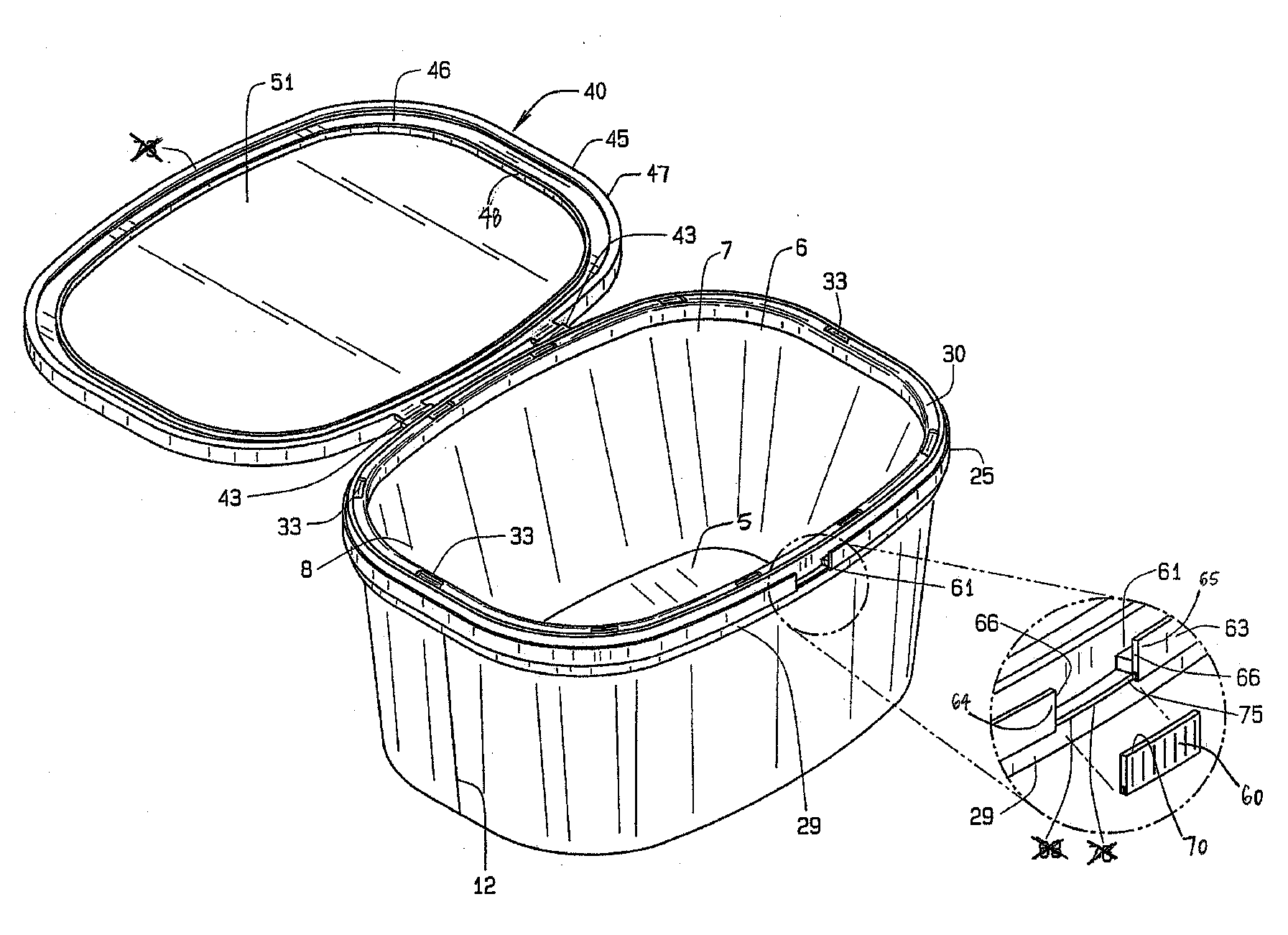 Hinged lid for a food container with plastic lower ring