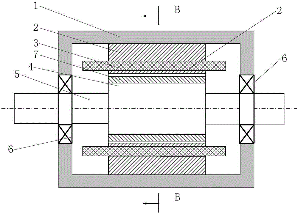 Asynchronous motor with axial adjacent segment same-direction and reverse-direction power-on windings