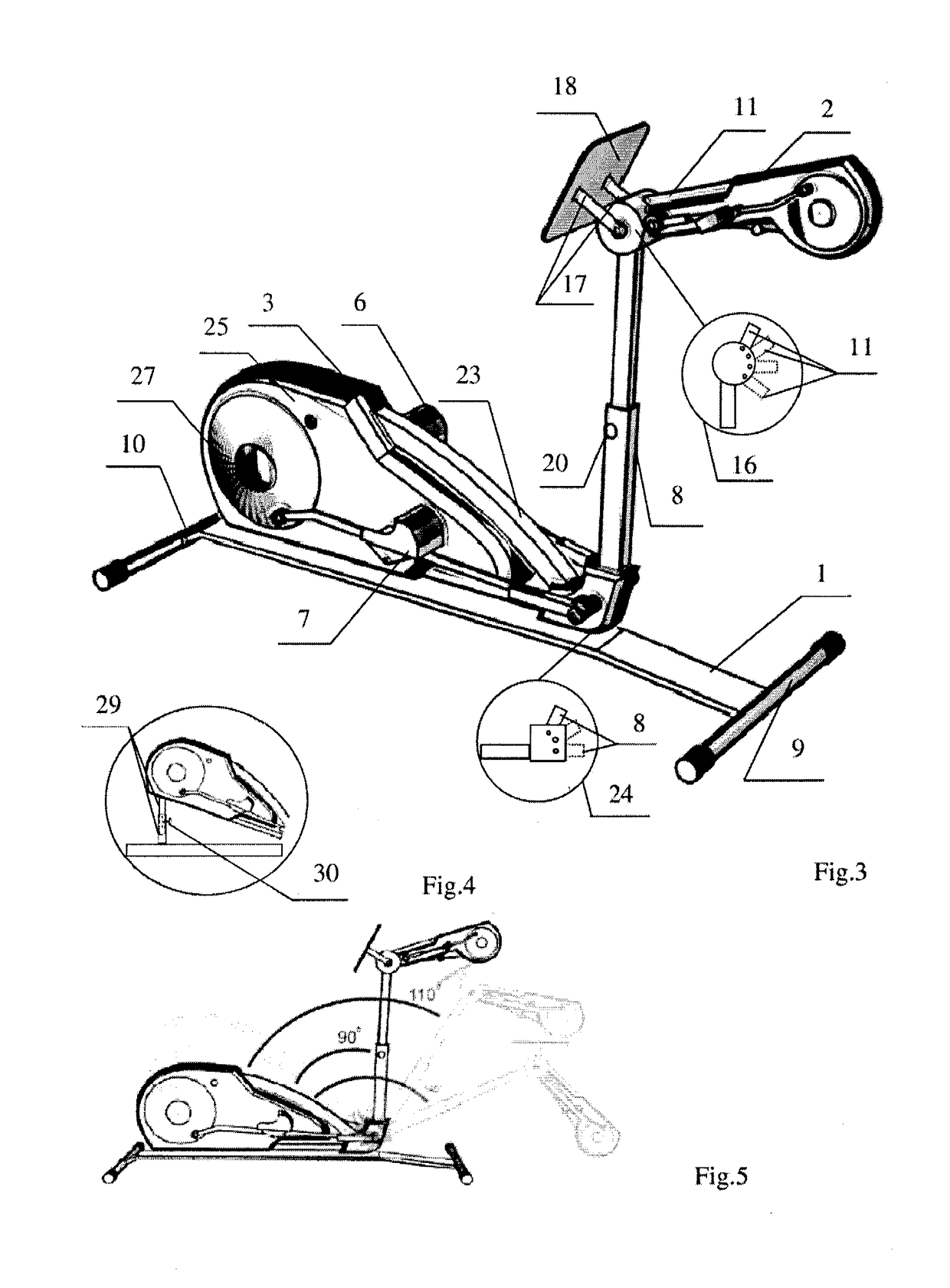 Elliptical exercise device for simultaneous training of shoulder girdle, pelvic girdle and trunk muscles in a human