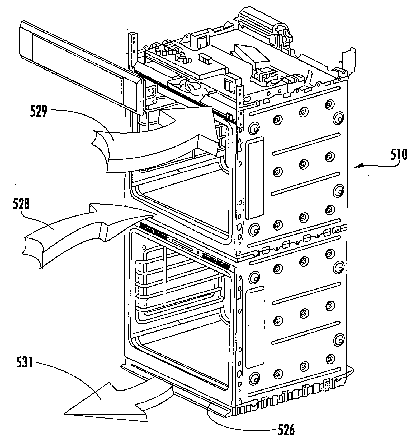 Double oven combination with an integrated cooling air and exhaust air flow arrangement