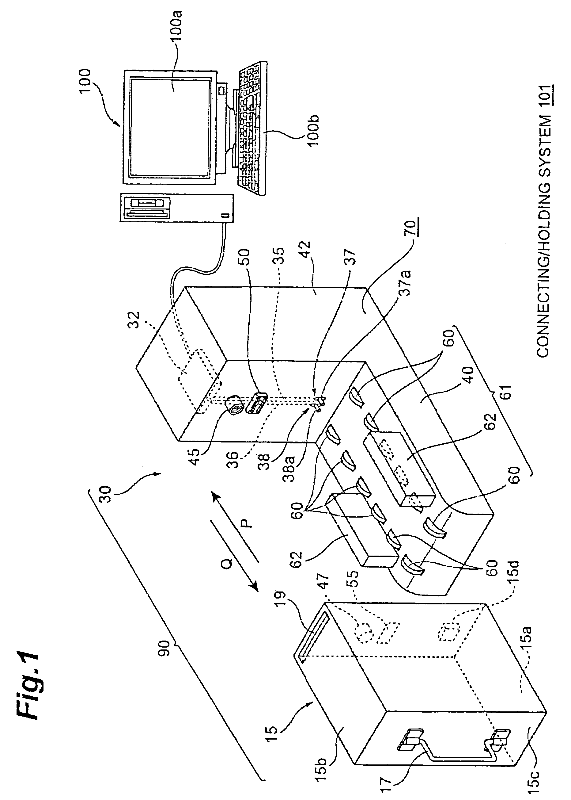 Connecting/holding machine of cash container and connecting/holding unit of cash container