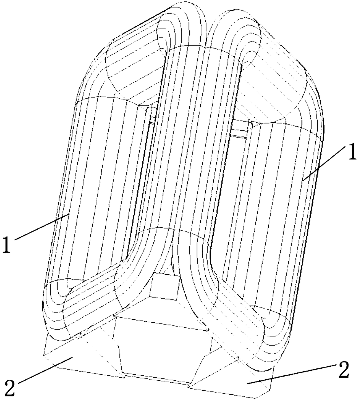 A support cushion block for a three-dimensional coiled iron core and a transformer