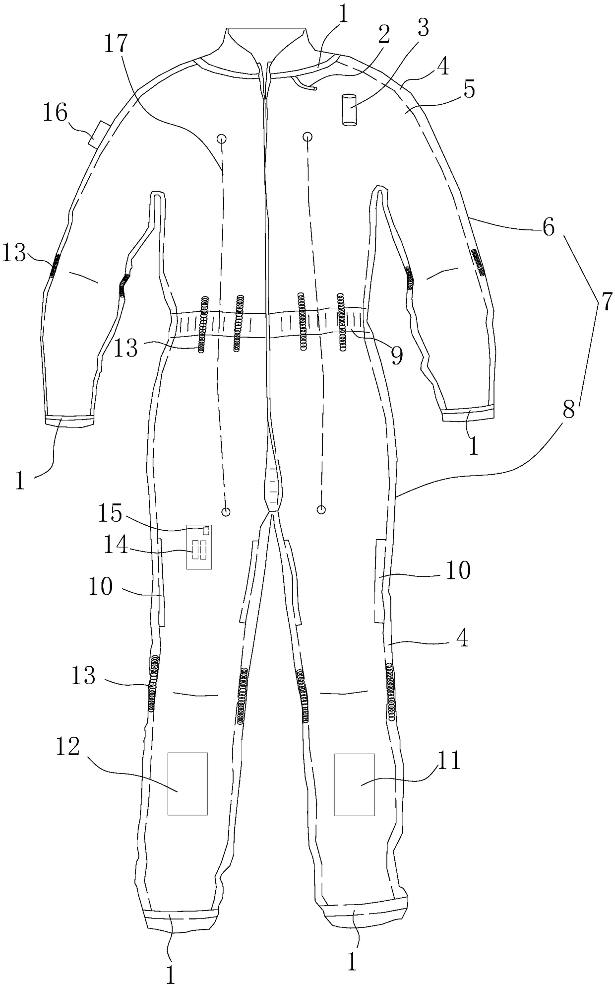 Mountaineering suit for increasing strength output of athlete by thigh squeezing