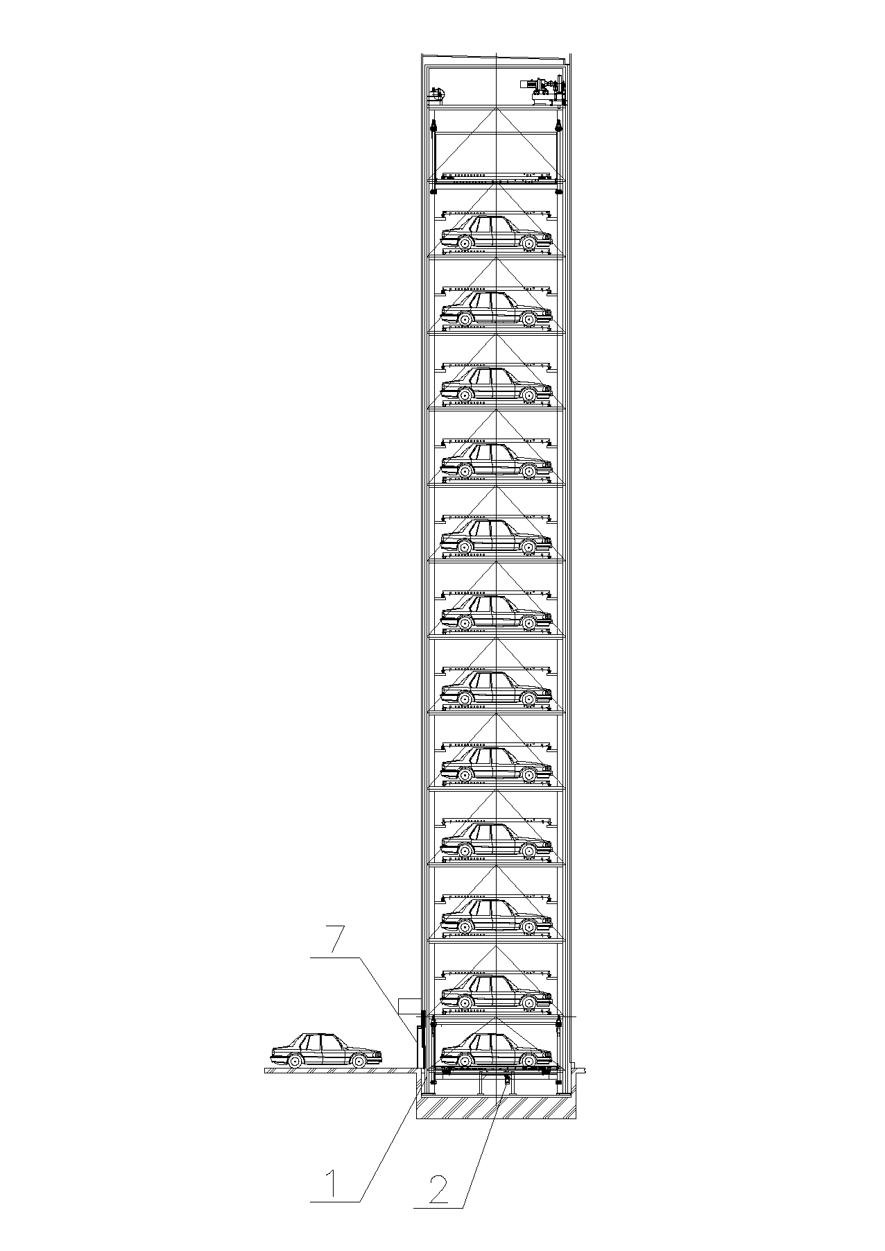 Comb fork type tower garage without motors in parking places