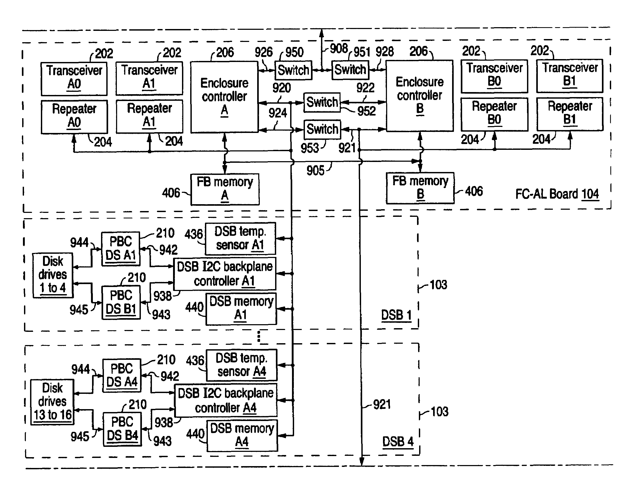 Disk enclosure with multiplexers for connecting 12C buses in multiple power domains