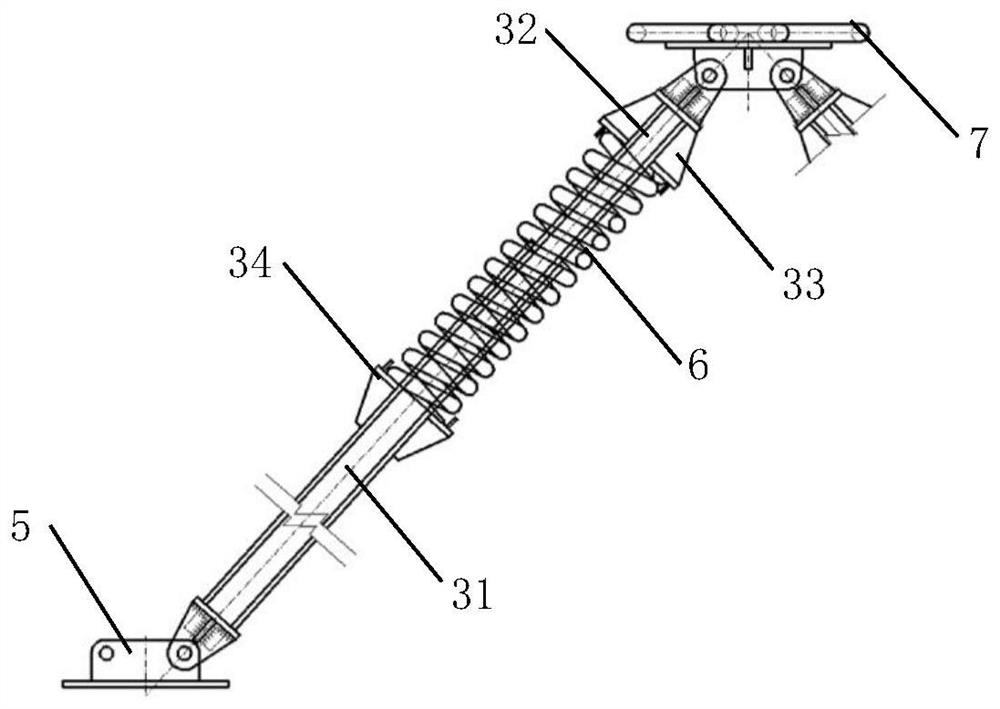 A piston rod point-supported self-restoring flexible buffer structure used in shed tunnel engineering