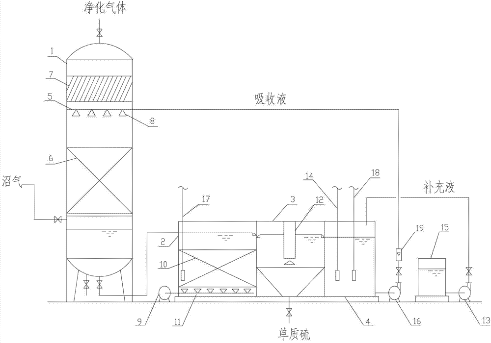 Two-stage biological desulfuration device of marsh gas