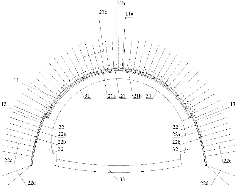 Composite liner structure of four-track large-span wall-foundation arched tunnel