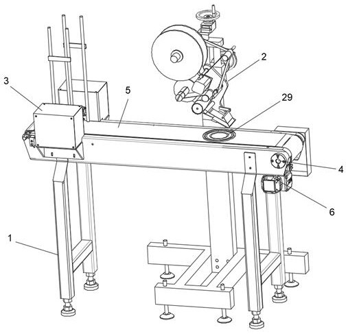 Distributing and conveying device for labeling of bottom covers of milk powder cans