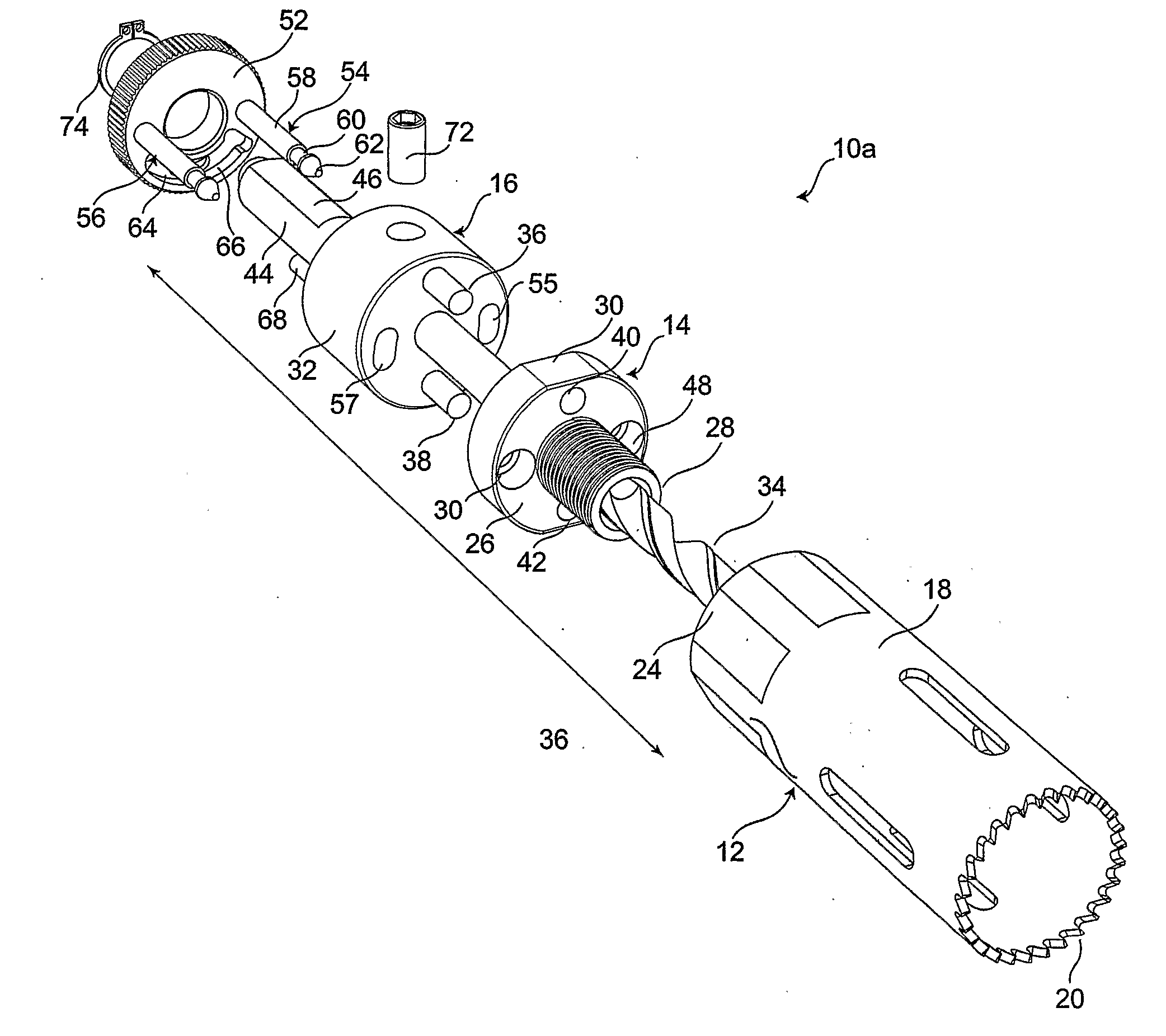 Hole saw assembly including drive shafts supported by a rotatable annulus
