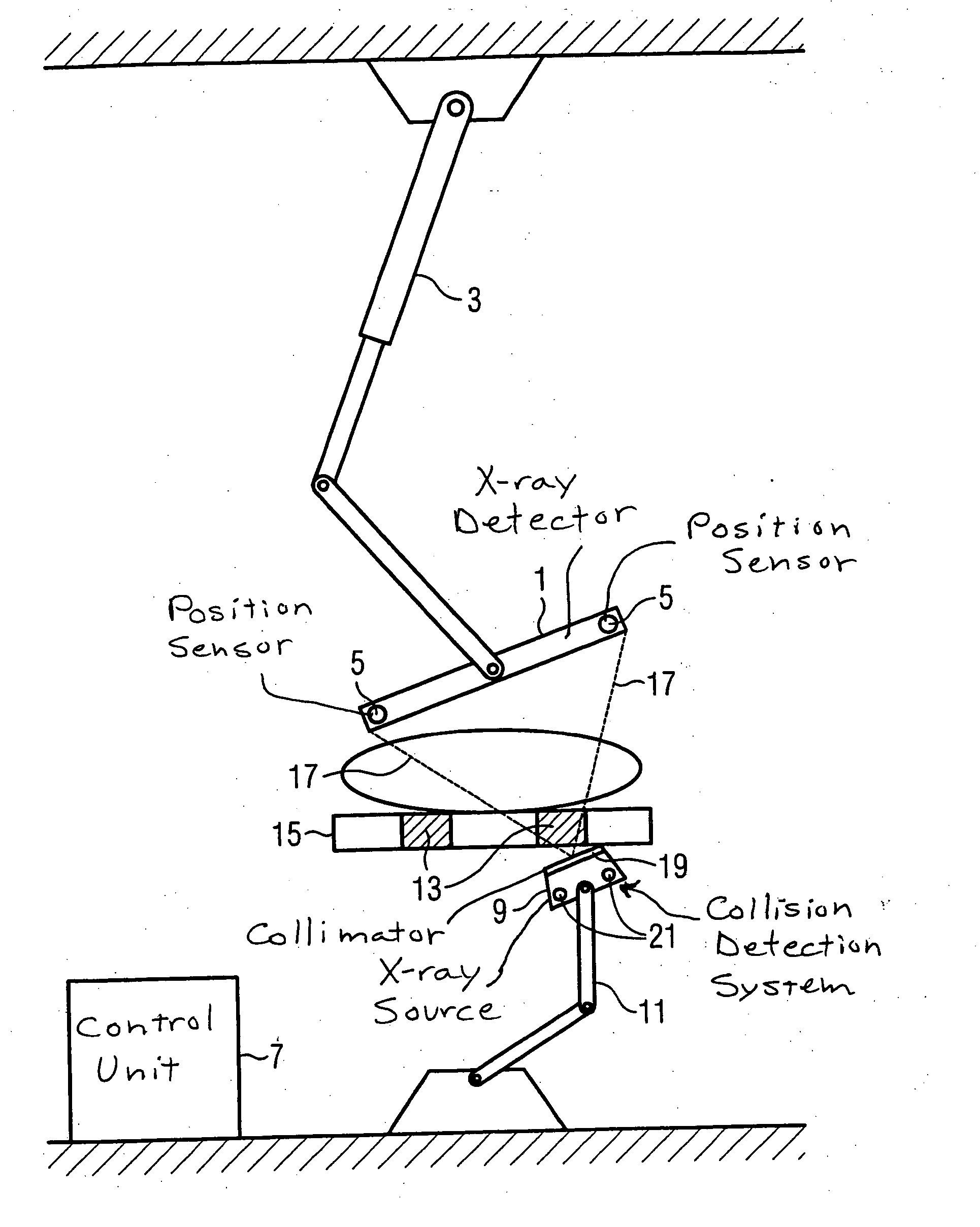 X-ray apparatus with component positioning coordinated with radio-opaque objects in examination room