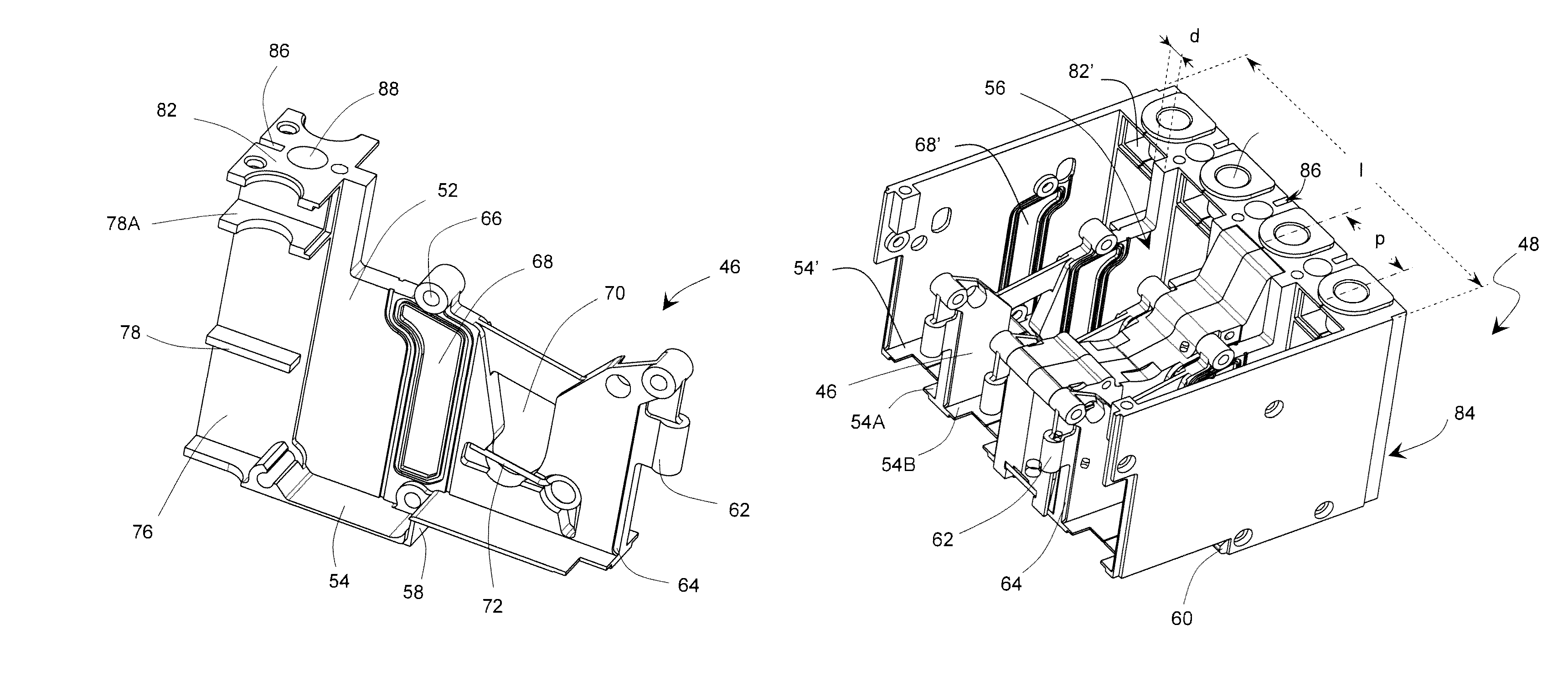 Assembly of a multipole switchgear device with double enclosure and circuit breaker comprising the same