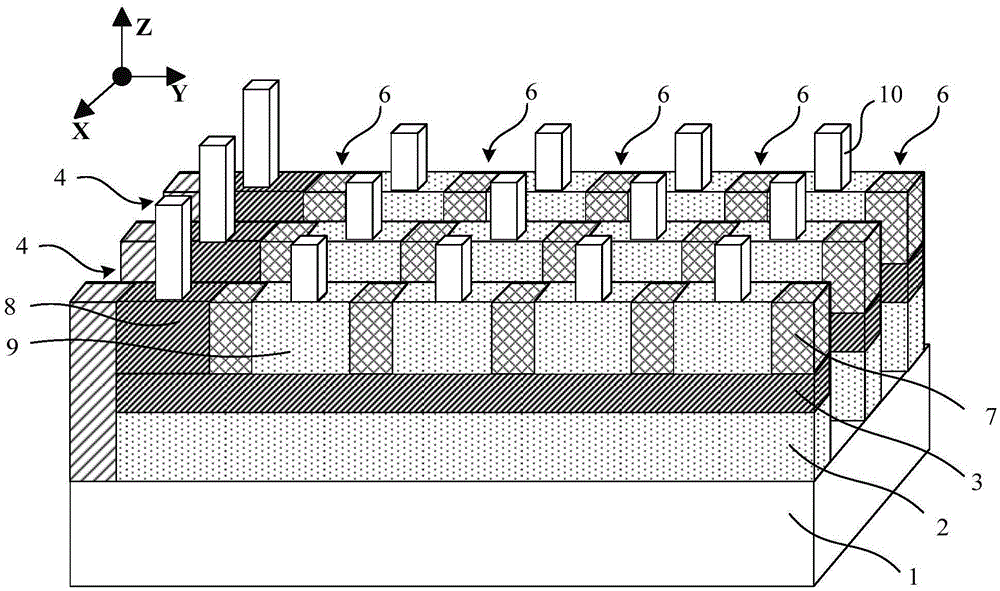 Three-dimensional stackable phase change storage array device and preparation method thereof
