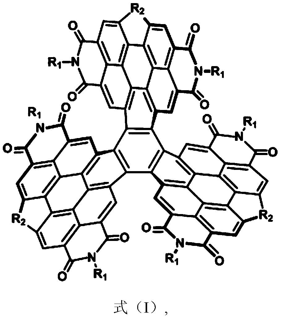 A kind of gear type heterocyclic trimerized perylene diimide compound and its preparation method and application