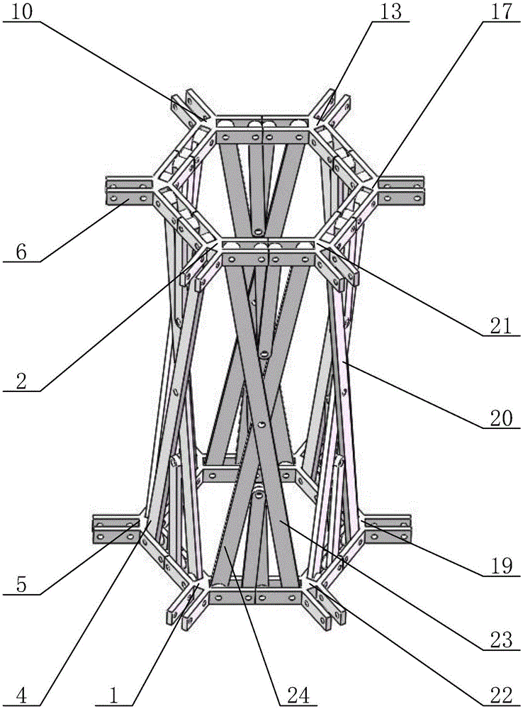 Scissors type hexagonal-prism-shaped extensible unit and space extensible mechanism formed by the same