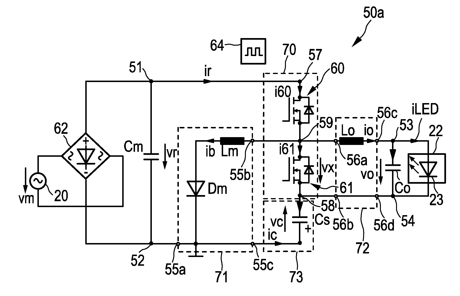 Dc-dc driver device having input and output filters, for driving a load, in particular an LED unit
