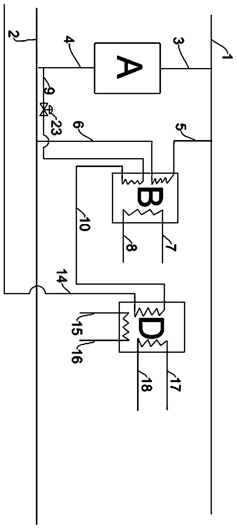 Central heating system for segmented cooling of multipath backwater of circulating cooling water