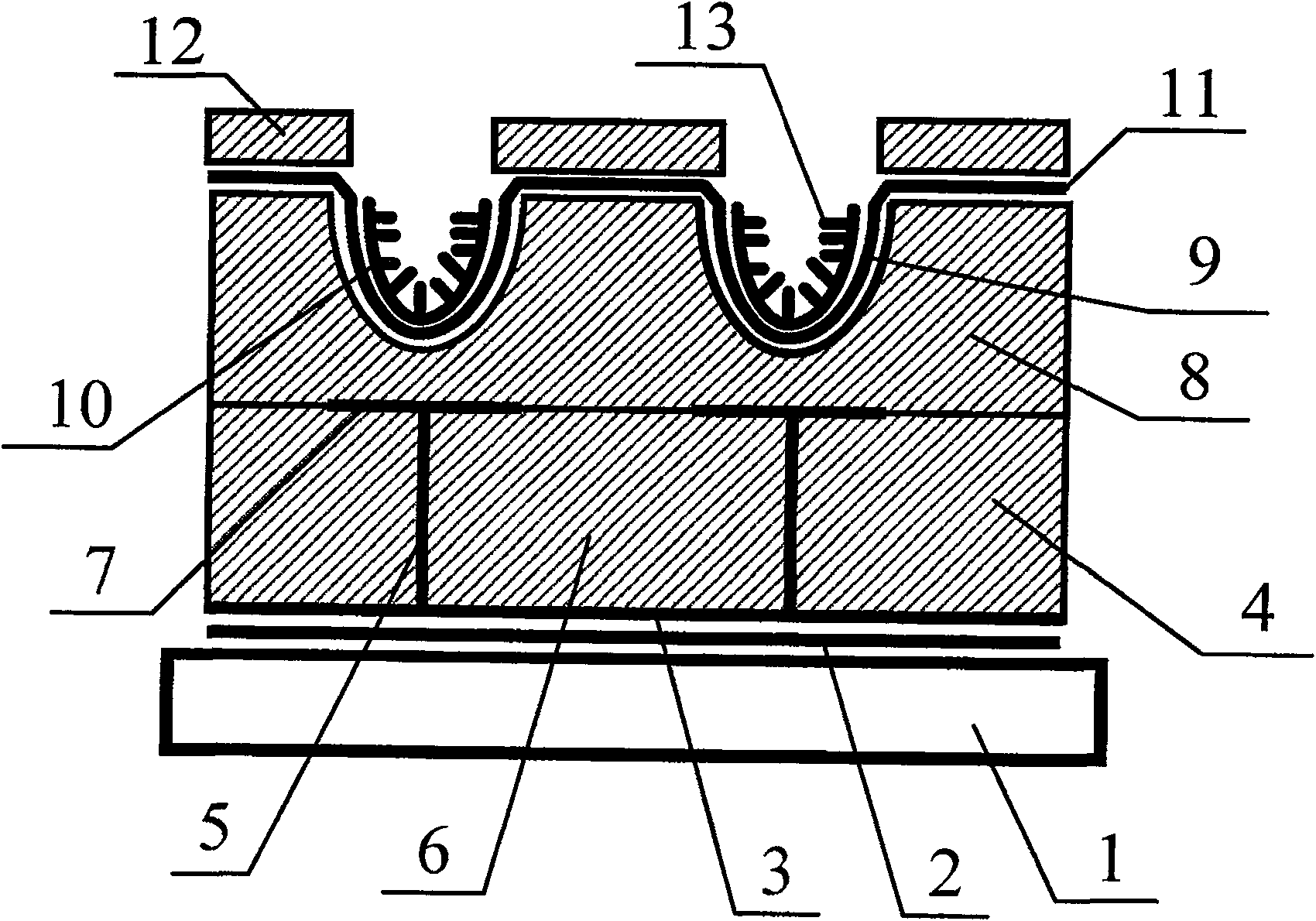 Planar display device with pallet bottom-grid controlled structure and its production