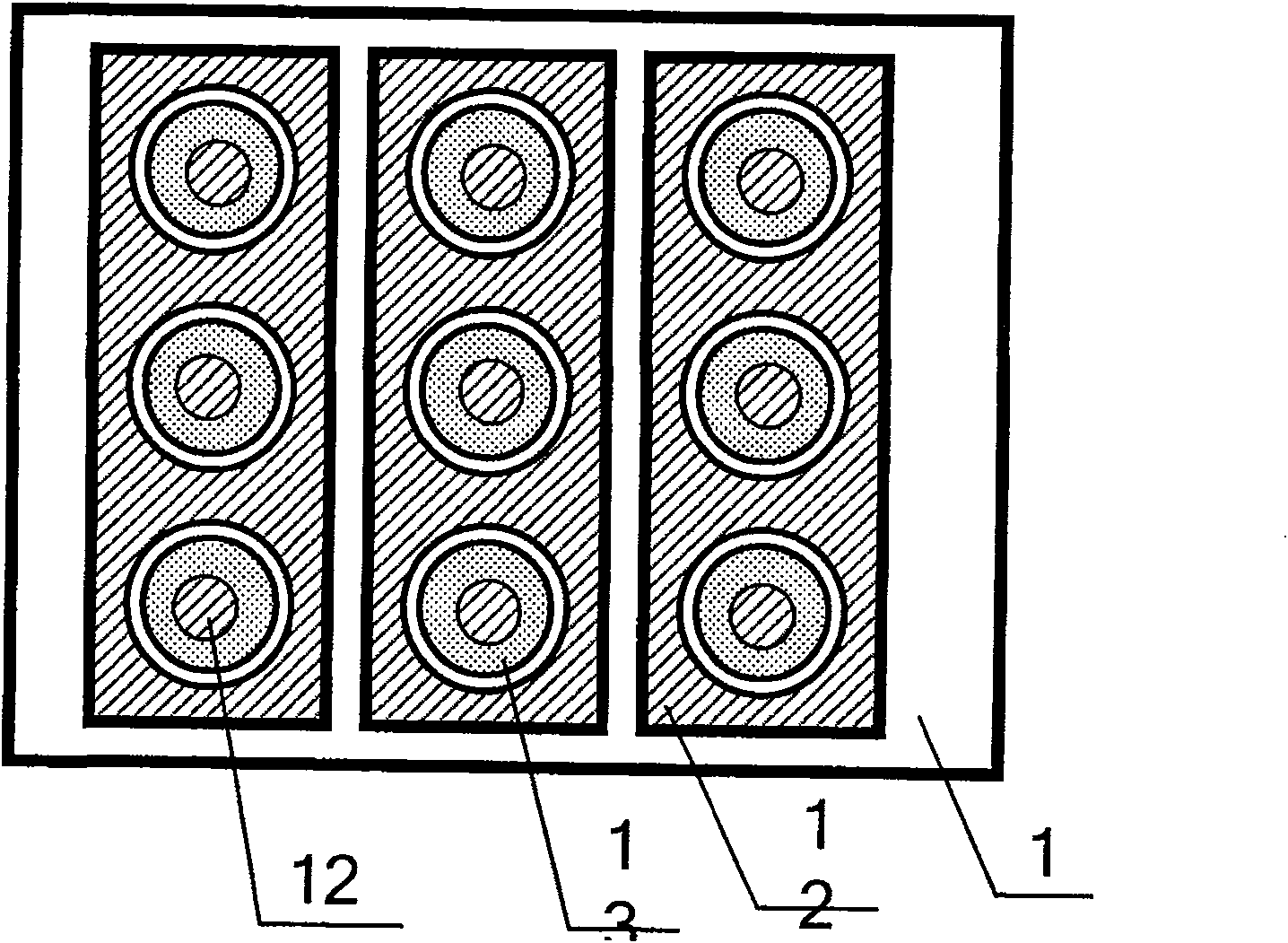 Planar display device with pallet bottom-grid controlled structure and its production