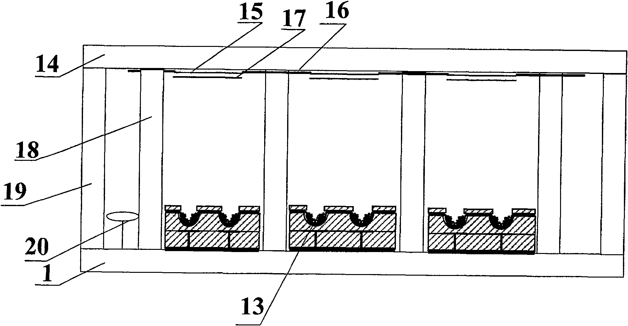 Planar display device with pallet bottom-grid controlled structure and its production